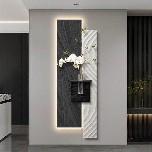 花瓶水培绿植装饰画简约侘寂风入户玄关挂画立体砂岩黑白走廊壁画