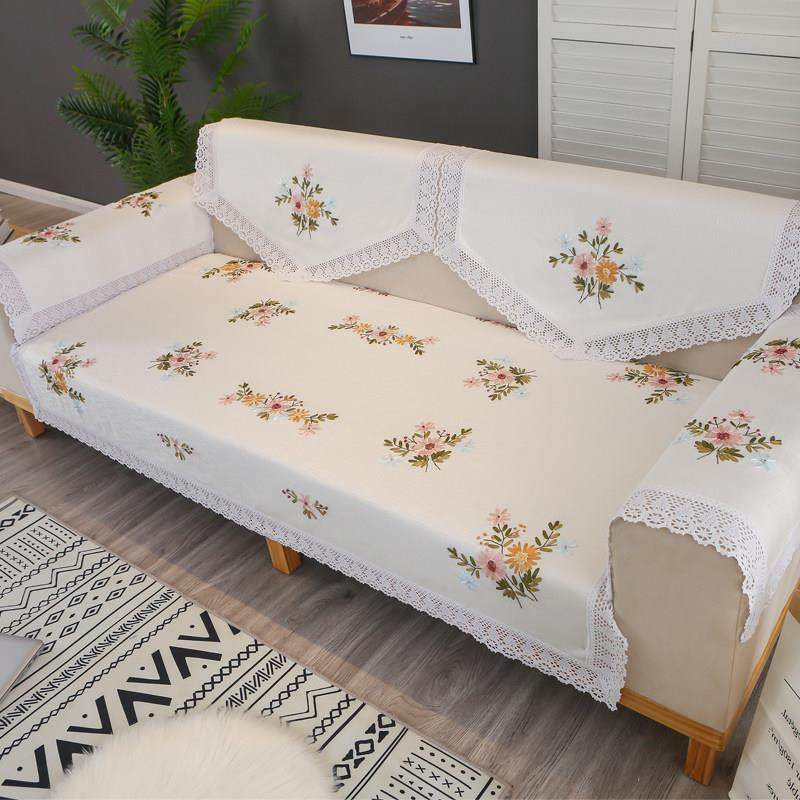 棉麻布艺白色单人沙发靠背巾田园四季通用高档刺绣扶手盖布沙发巾