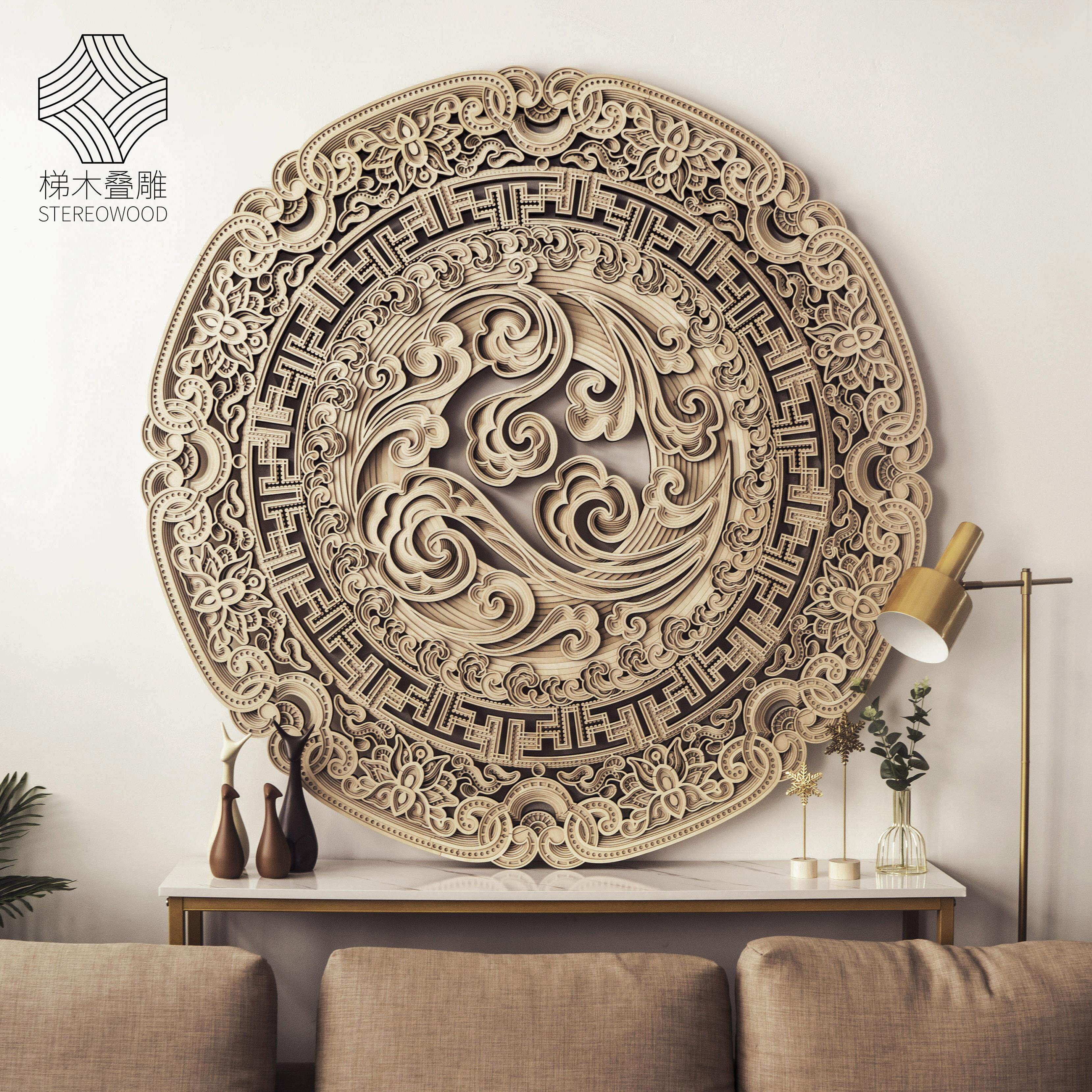 梯木叠雕创意木质新中式墙面装饰壁饰圆形立体饭厅客厅壁挂装饰品