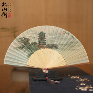 6寸真丝女式折扇手绘女扇出国礼品扇杭州丝绸扇绢扇竹扇