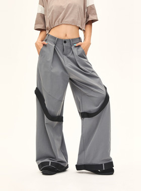 Clac！耐磨弹力透气装饰织带宽松版阔腿街舞运动潮酷工装长裤女