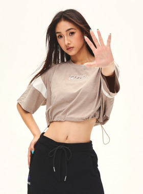 轻薄透气弹力宽松版高腰抽绳冰丝网眼拼接运动短袖T恤女