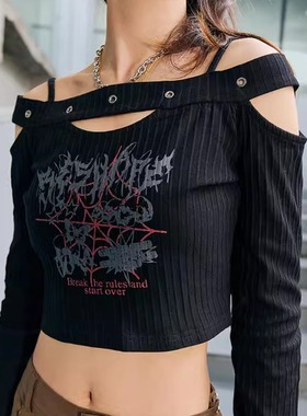 一字肩高腰露脐印花吸汗弹性女长袖运动T恤女团甜辣风打底衫上衣