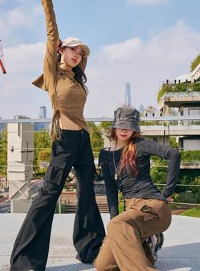 爵士hiphop裤子高弹透气黑色宽松jazz舞蹈运动工装裤女