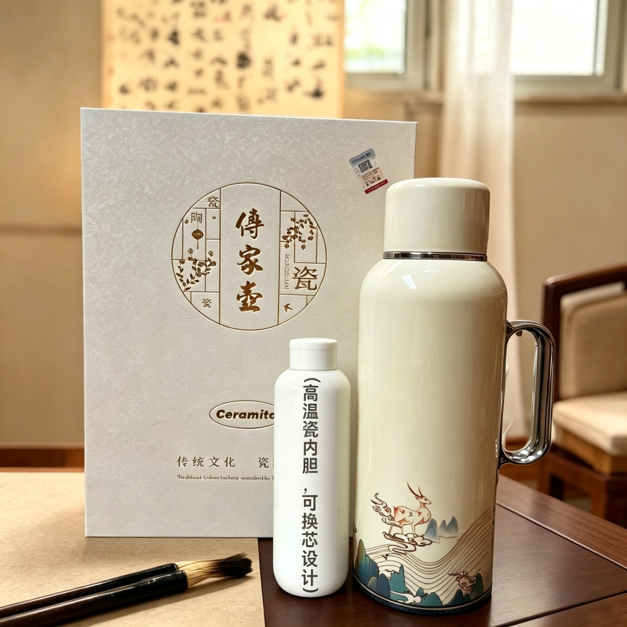 外贸出口纯陶瓷内胆传家壶闷茶壶保温壶换芯设计磁吸温显1100ml