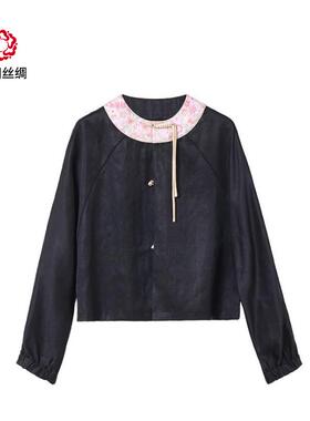 中国丝绸【莨珠记绿色素绉缎香云纱】宋锦非遗设计感高档真丝上衣