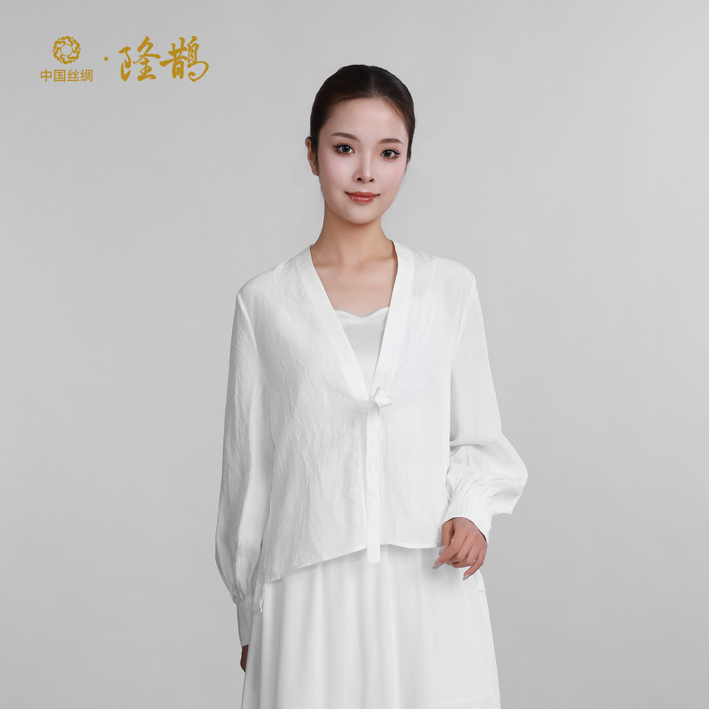中国丝绸隆鹊[满分桑蚕丝盐缩肌理白色上衣]新中式轻奢真丝衬衫夏