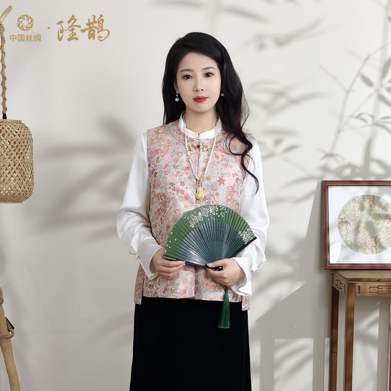 隆鹊百花撵龙纹宋锦中式真丝马甲