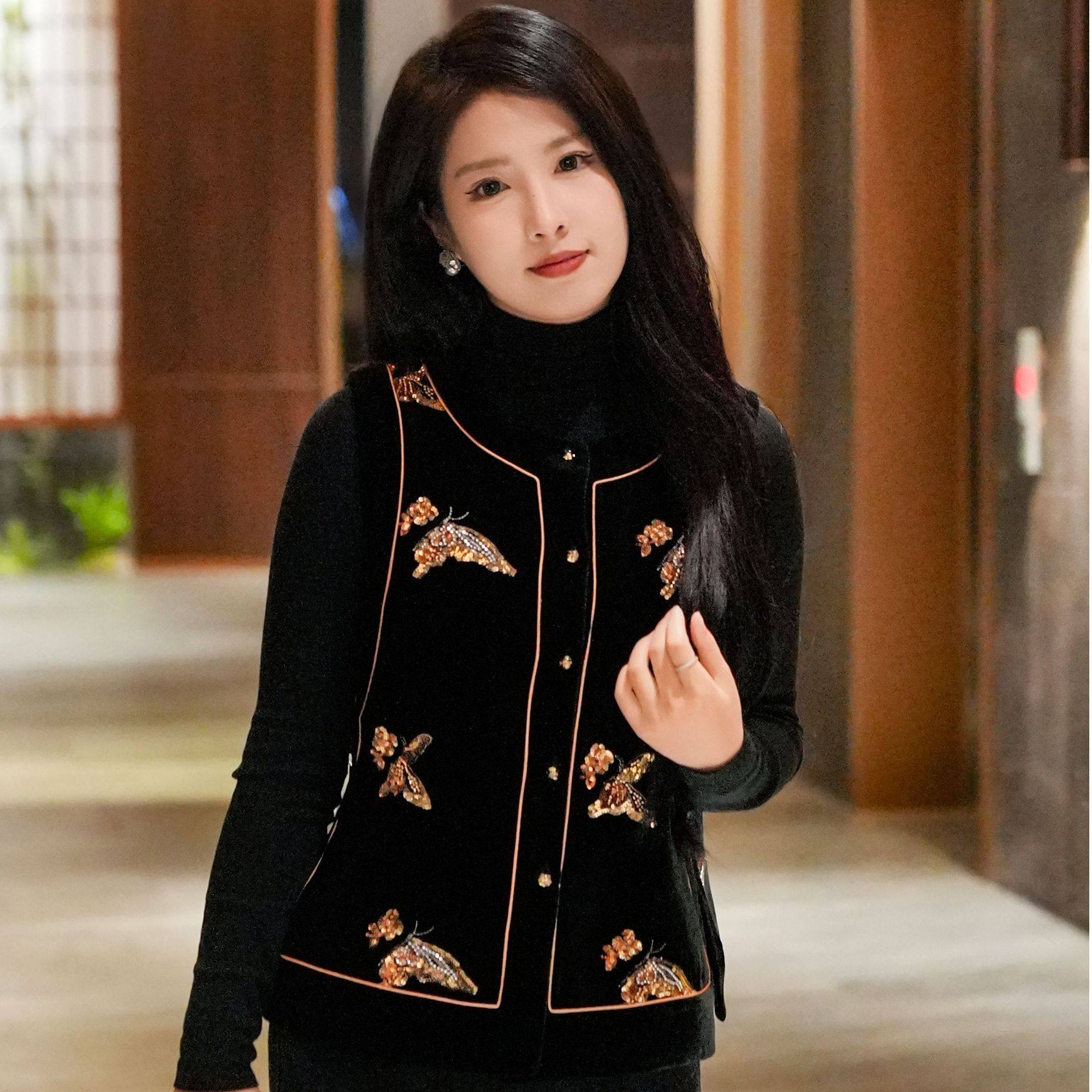 中国丝绸隆鹊[黑丝绒蝴蝶花钉珠马甲]新中式国风秋冬款100%桑蚕丝
