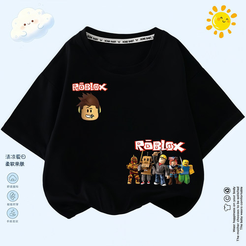 新款Roblox罗布乐思联名印花上衣儿童纯棉短袖男童休闲宽松半袖夏