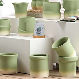 素烧胚白陶土渐变绿色陶瓷花盆透气有底孔带托盘多肉月季竹子绿植