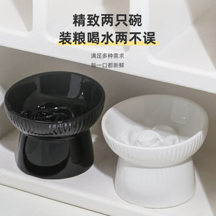 黑色猫碗陶瓷斜口护颈猫盆狗碗猫食盆平口饮水猫咪宠物碗宠物用品