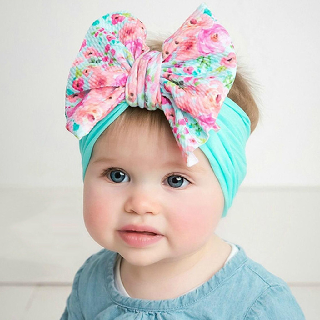 新款尼龙蝴蝶结发带 婴幼儿可爱柔软蝴蝶结印花发箍 baby turban
