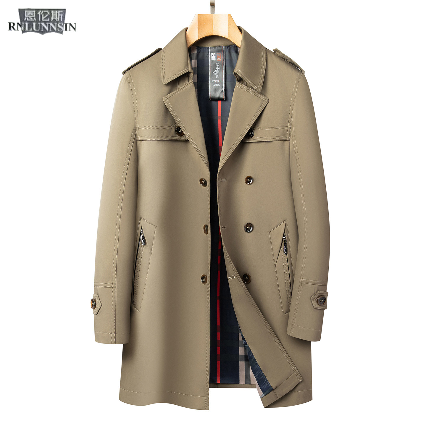 时尚流行风衣外套男士中长款腰带双排扣经典卡其色新款高级感大衣