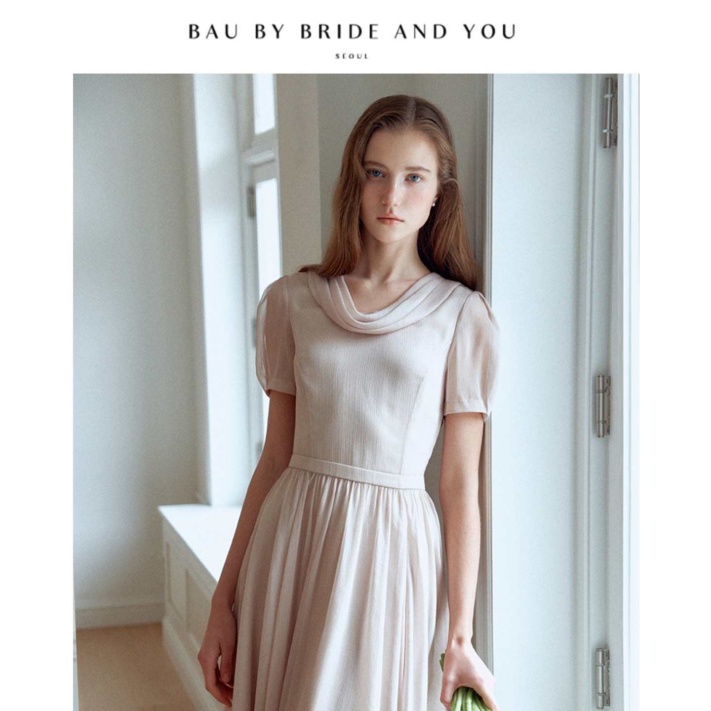 BAUbyBrideAndYou韩国2026春夏新款雪纺抽褶长款连衣裙女收腰长裙