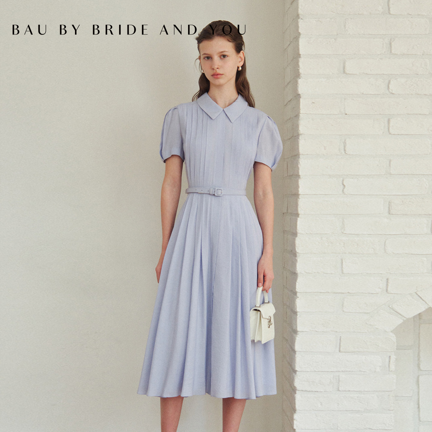 BAUbyBrideAndYou韩系翻领风琴褶连衣裙女泡泡短袖收腰腰带中长裙