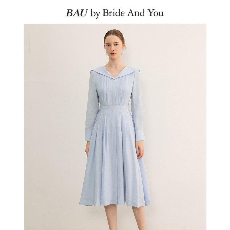 【韩志旼同款】BAUbyBrideAndYou韩国长袖连衣裙女海军领收腰裙子