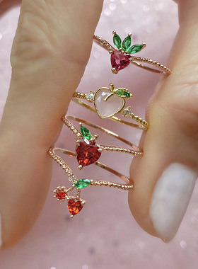 欧美跨境饰品 INS热款彩锆樱桃水蜜桃热带水果戒指 女式指环手饰