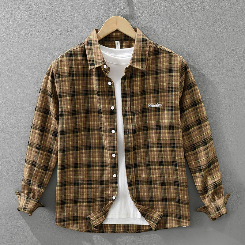 7711日系复古格子长袖衬衫男士刺绣百搭文艺休闲宽松上衣一件代发,男装,衬衫,淘宝优惠券,粉丝福利购,淘宝优惠卷