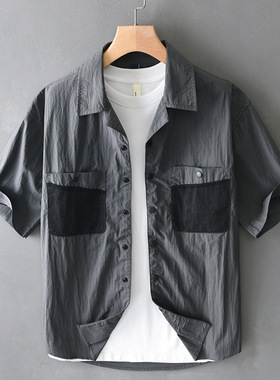 T9025山系户外撞色短袖衬衫男美式潮日系复古宽松短袖衬衣