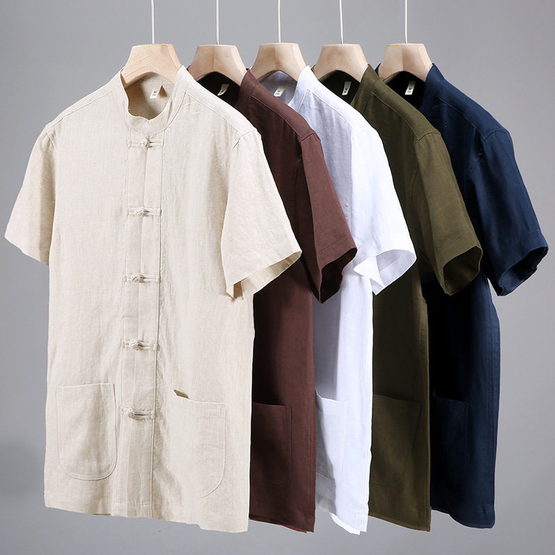 中国风精纺亚麻舒适透气夏男士纯色复古盘扣短袖衬衫宽松凉爽男装,男装,衬衫,淘宝优惠券,粉丝福利购,淘宝优惠卷