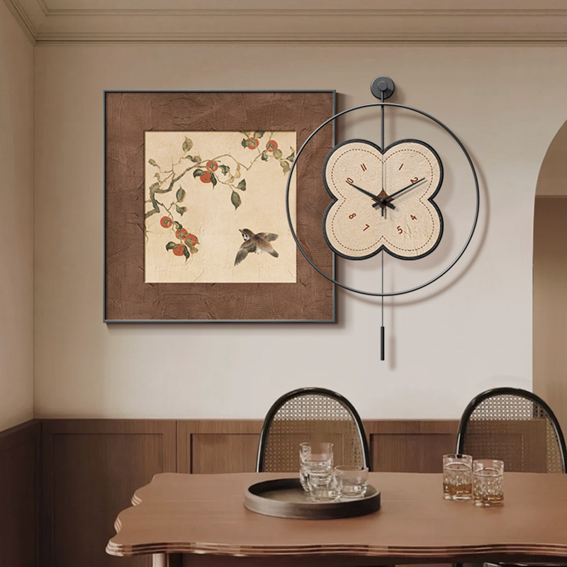 法式中古风餐厅挂画中式复古餐桌挂墙钟表小众艺术客厅装饰画时钟