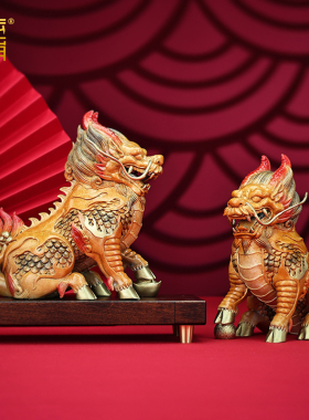 彩铜祥瑞麒麟摆件一对中式家居客厅玄关电视柜装饰品开业乔迁礼品
