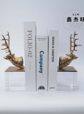 欧式简约现代水晶玻璃底座金属鹿头书立摆件书房样板房工艺装饰品