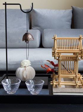 新中式亚克力罩榫卯建筑托盘假书摆件样板间售楼部茶桌子软装饰品