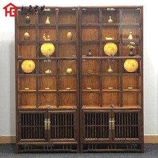 老榆木多宝格紫砂壶展示柜玻璃门博古架实木茶叶架新中式茶室柜子