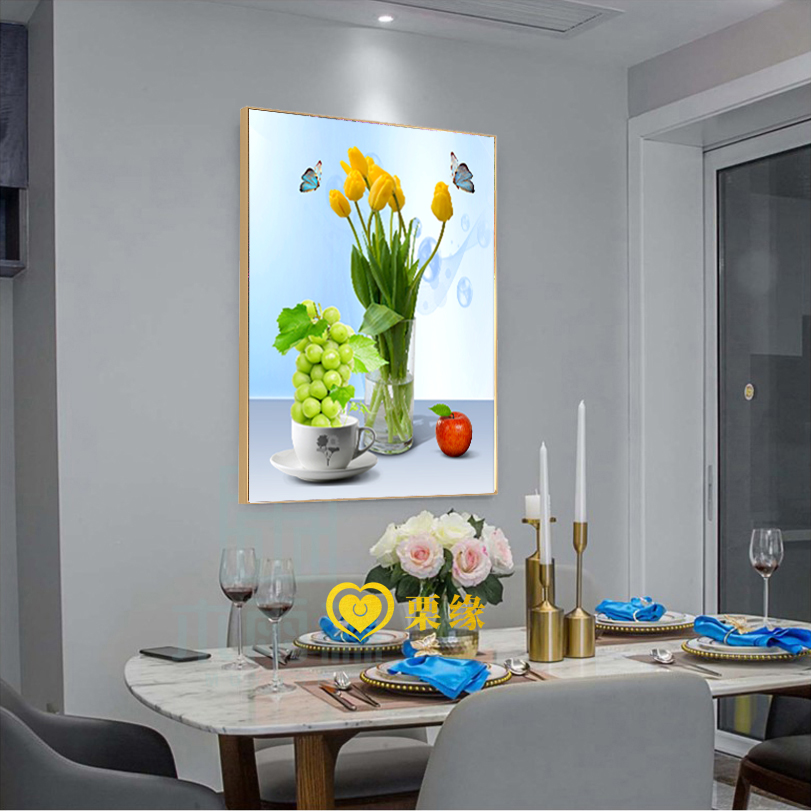 免打孔竖版餐厅装饰画饭厅壁画水果花卉厨房挂画晶瓷镶钻现代简约