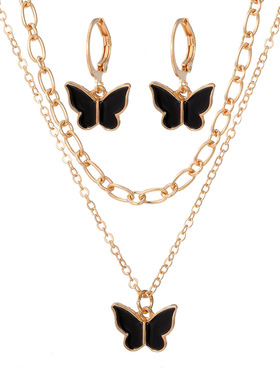 欧美新品首饰套装 时尚通勤滴胶蝴蝶叠戴风项链小巧精致蝴蝶耳扣