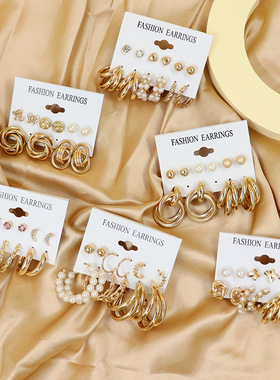 2024新款法式复古金色耳环夸张金属几何耳圈6件套珍珠耳饰earring