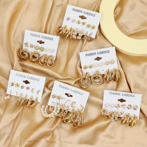 2024新款法式复古金色耳环夸张金属几何耳圈6件套珍珠耳饰earring