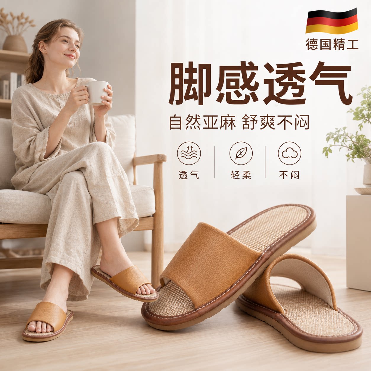 真皮亚麻拖鞋女夏季家居