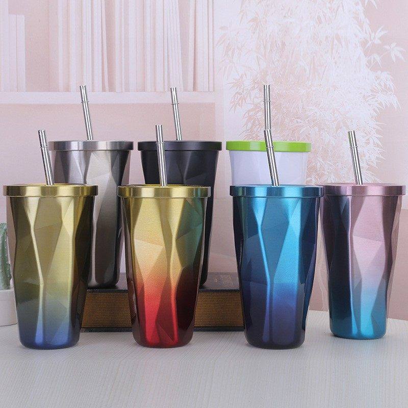 跨境爆款304不锈钢大容量吸管水杯真空双层隔热渐变色菱形吸管杯,餐饮具,吸管杯,淘宝优惠券,粉丝福利购,淘宝优惠卷