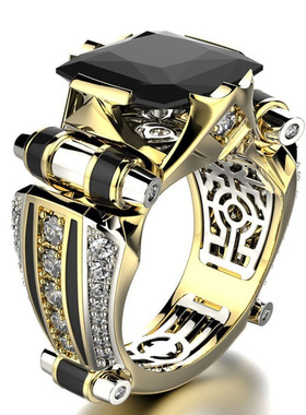 2025新款欧美嘻哈镶钻潮流男士宽面金色戒指跨境爆款时尚