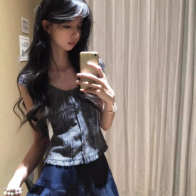 韩版格子方领短袖衬衫女