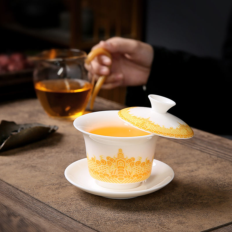 羊脂玉瓷旋转三才盖碗高档家用