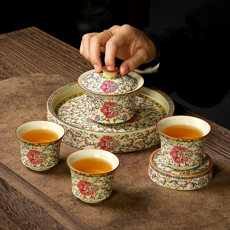 汝窑缠枝莲悬停旋转盖碗套装高档