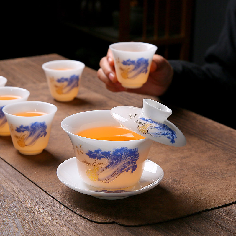 冰种玉瓷三才盖碗悬停家用陶瓷百财如意泡茶碗敬茶碗高档功夫茶具,餐饮具,盖碗,淘宝优惠券,粉丝福利购,淘宝优惠卷