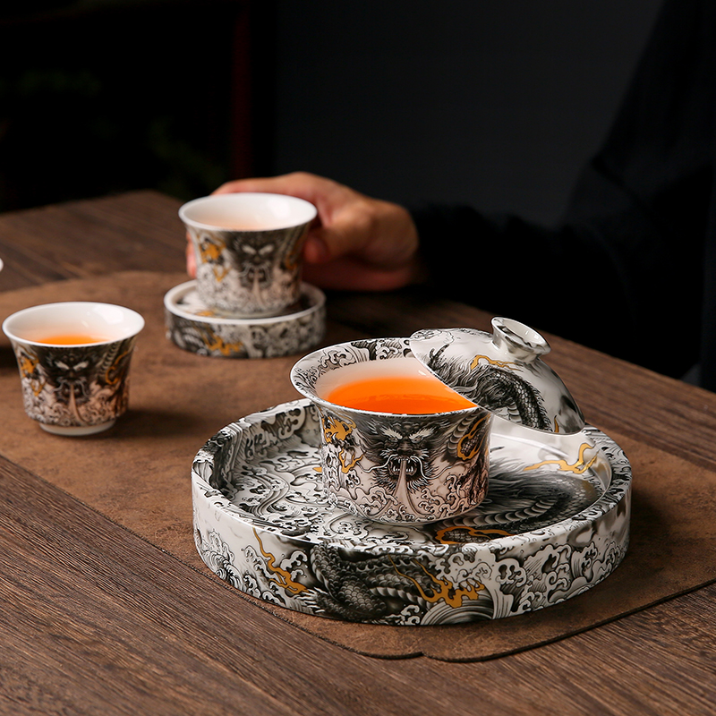 家用陶瓷旋转悬停盖碗套装送礼