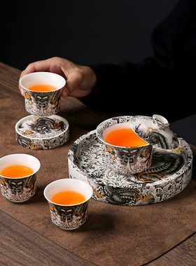 墨龙旋转悬停盖碗高档家用陶瓷泡茶碗敬茶碗茶杯送人礼品功夫茶具