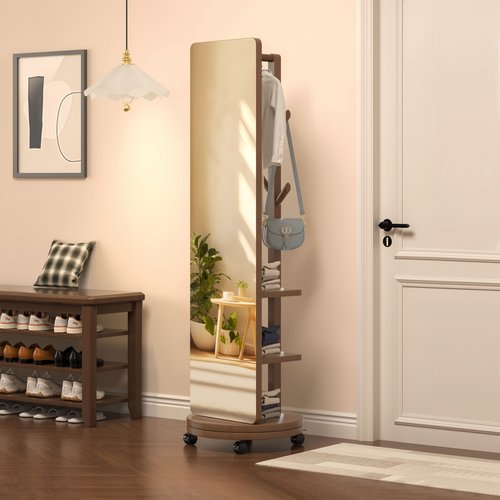 实木全身镜家用全身镜卧室可旋转移动全身镜挂衣架一体客厅落地镜