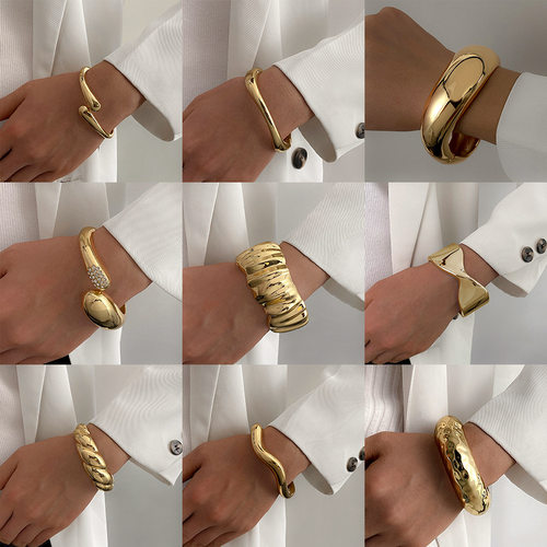 欧美跨境饰品复古夸张不规则褶皱手镯高级感开口合金Bracelet套装