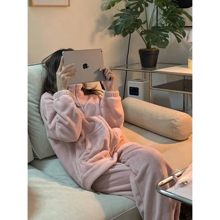 珊瑚绒睡衣套装女秋冬季加厚法兰绒加绒保暖家居服两件套冬天