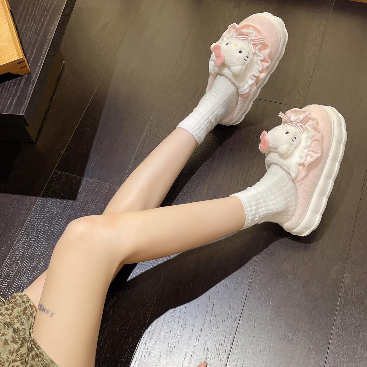 kitty可愛(ài)厚底毛毛拖鞋女外穿秋冬季新款家居防滑保暖包頭棉拖鞋