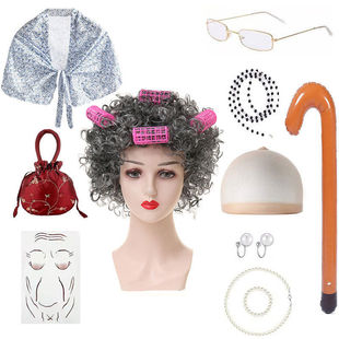 亚马逊新款老奶奶假发老爷爷发老婆婆老妇人假发披肩服装道具套装