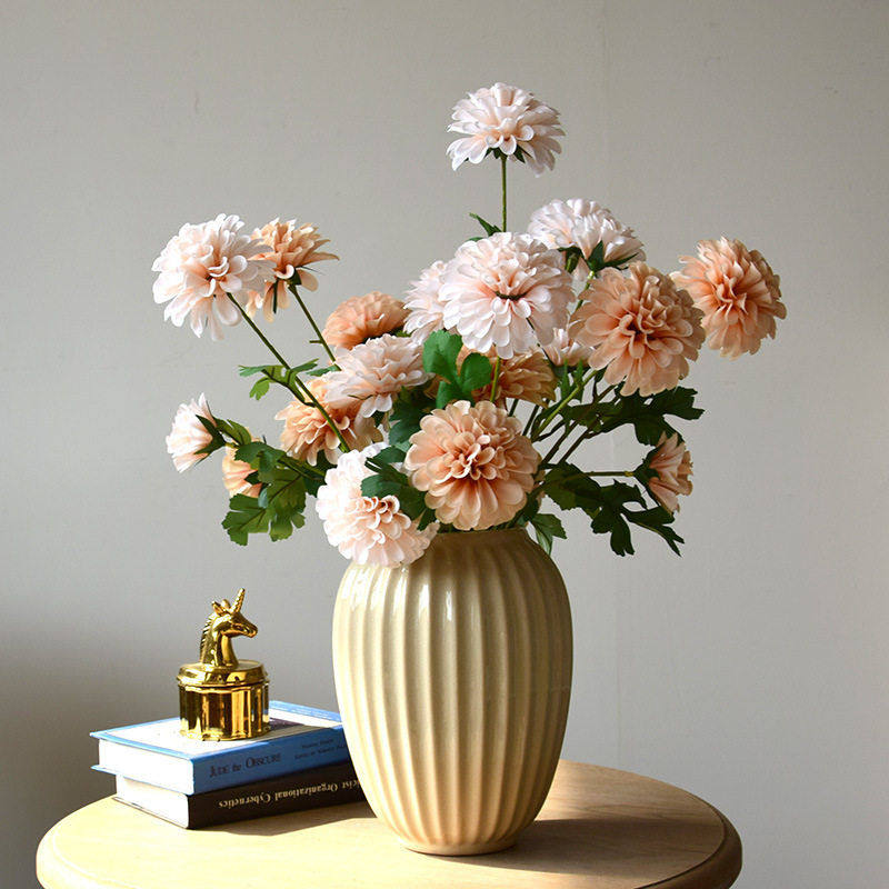 跨境仿真花新款3叉天竺牡丹家居装饰婚庆花艺绢花3头大丽菊大丽花