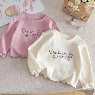 打底衫 纯棉女童长袖 卡通花边圆领儿童上衣百搭秋季 春秋季 T恤新款